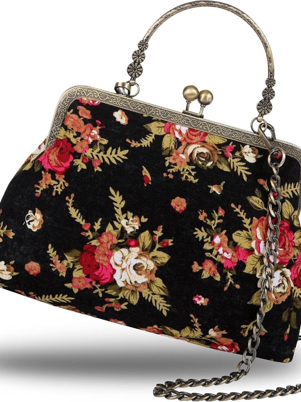 Floral Top-Handle Handbag, Kiss Lock Evening Bag for Women, Vintage Handbag